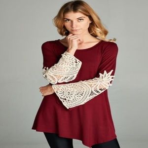 Women's Burgundy Long Sleeve Blouse with Unique Lace Designed Sleeves